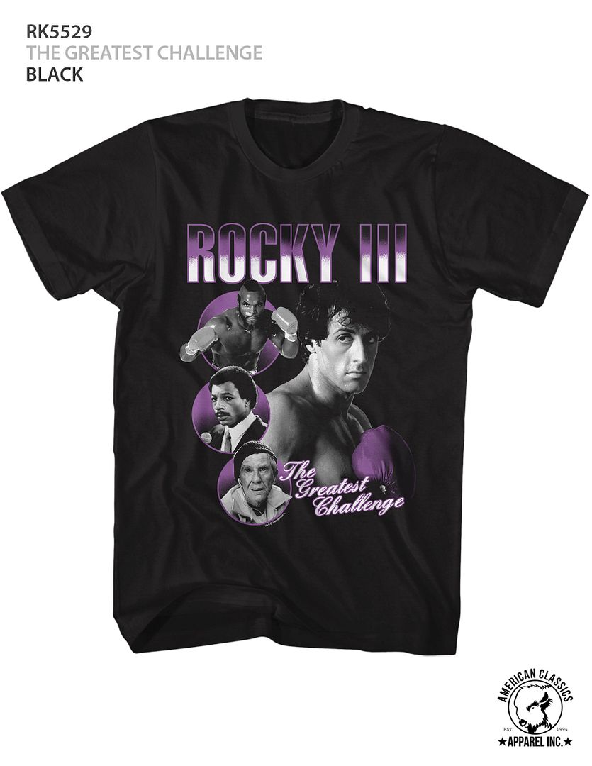 Black Rocky t-shirt featuring a Rocky The Greatest Challenge design