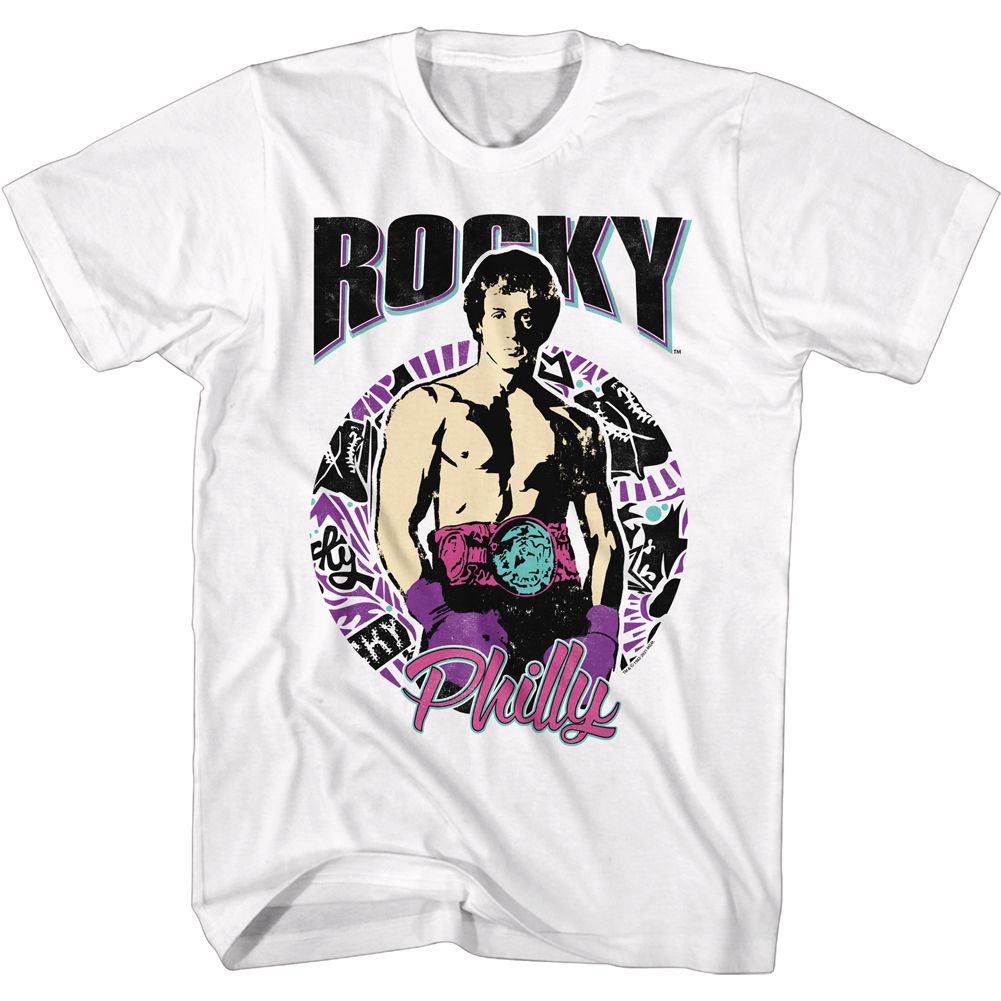 White Rocky t-shirt featuring a Rocky Philly Circle design