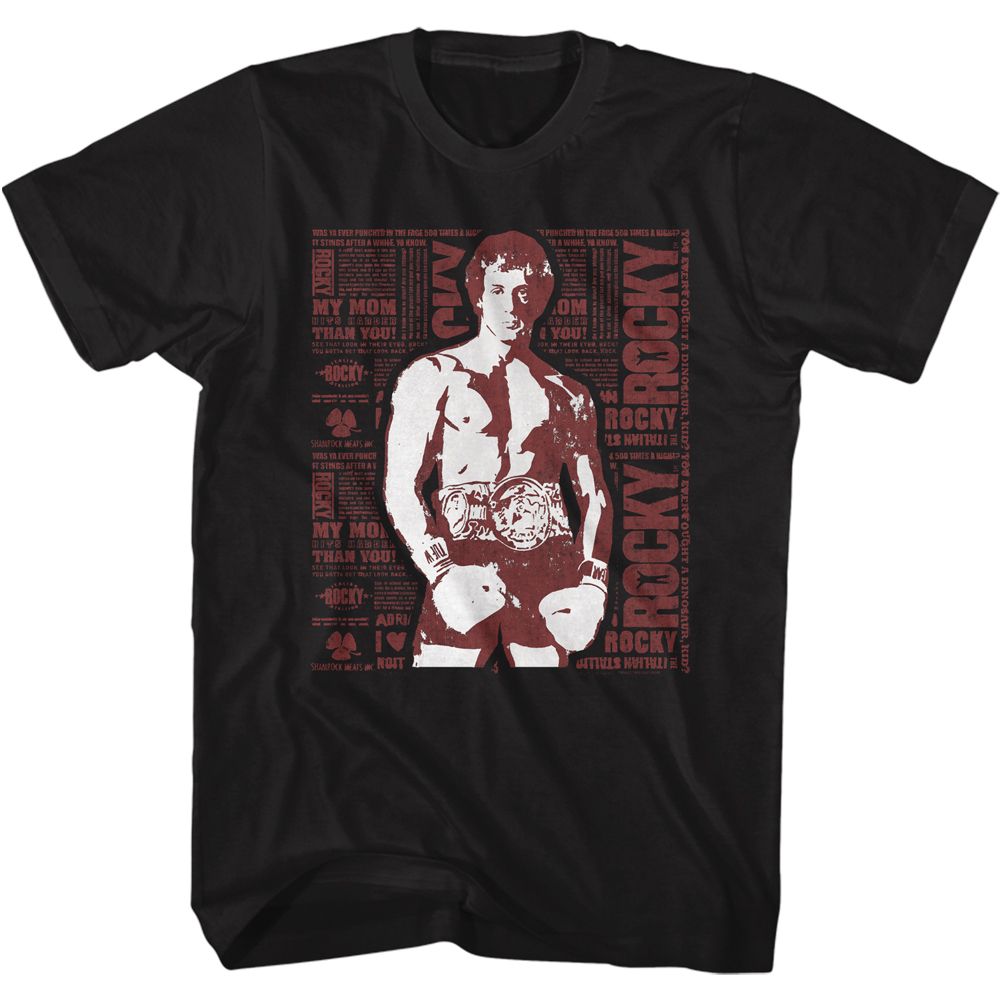 Black Rocky t-shirt featuring a Rocky newspaper print design