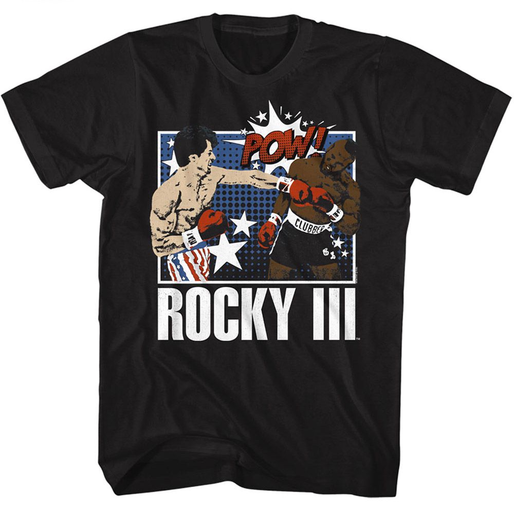 Black Rocky t-shirt featuring a Rocky comic book design