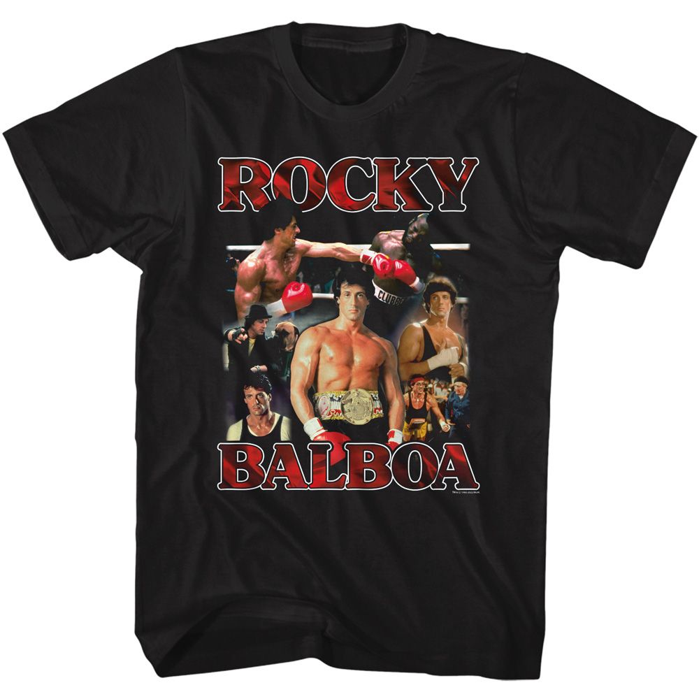 Black Rocky t-shirt featuring a Rocky Rocky Collage design