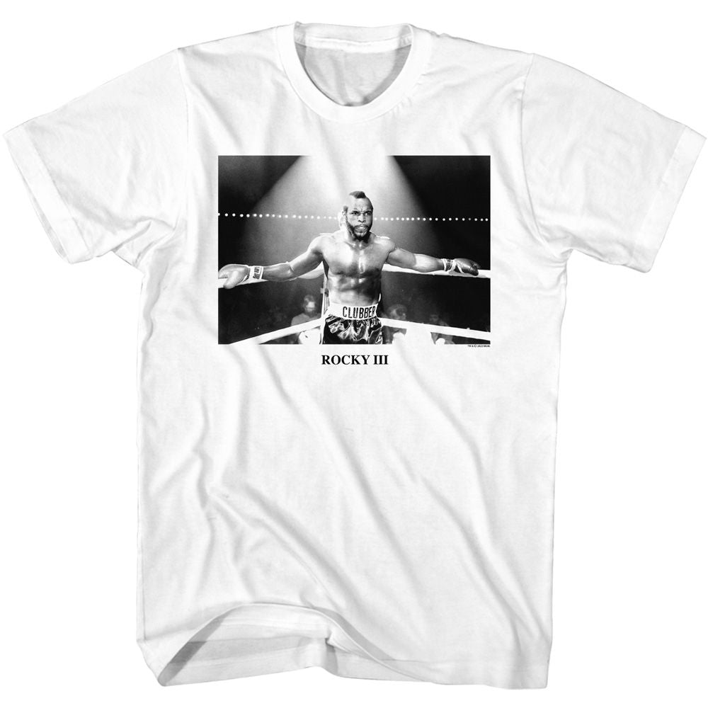 White Rocky t-shirt featuring a Rocky Rocky Clubber Corner design