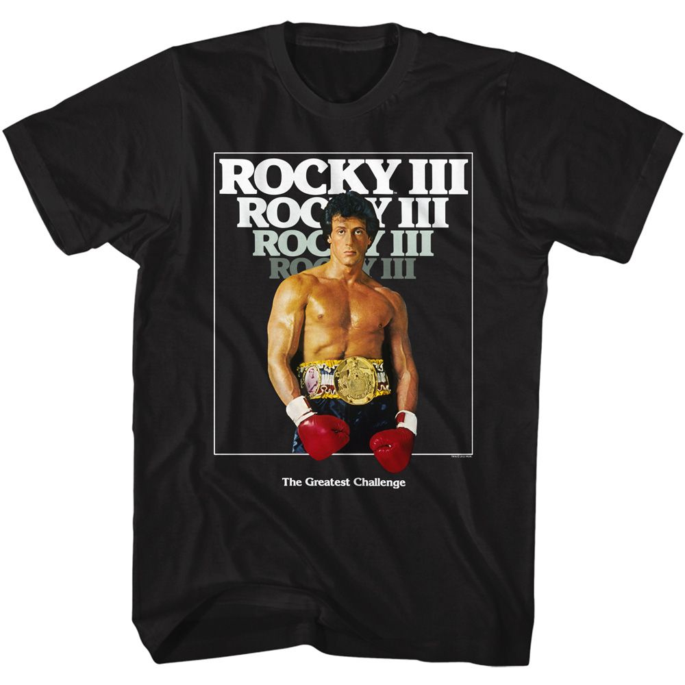Black Rocky t-shirt featuring a Rocky Rocky 3 Poster design