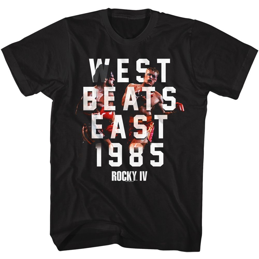 Black Rocky t-shirt featuring a Rocky Rocky West Beats East design