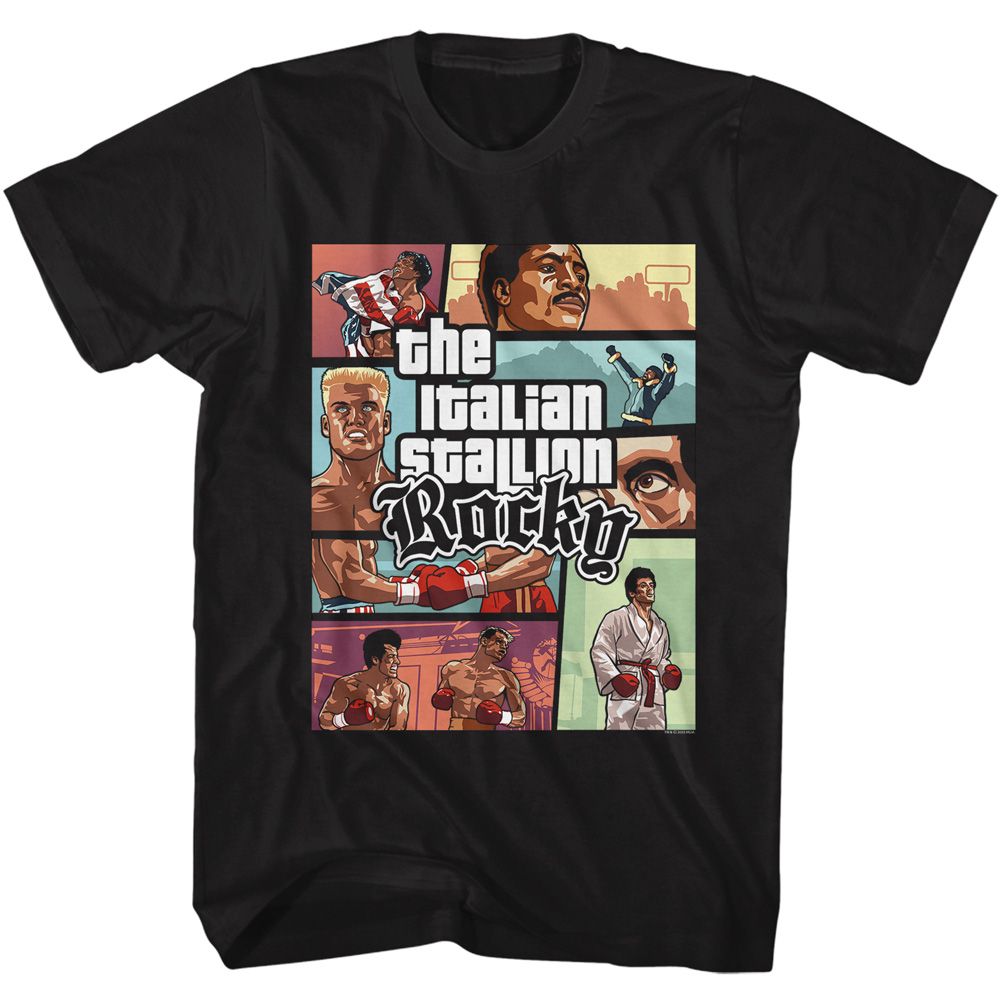 Black Rocky t-shirt featuring a Rocky Rocky Scene Panels design