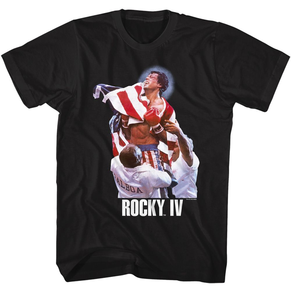 Black Rocky t-shirt featuring a Rocky Rocky Flag Win design