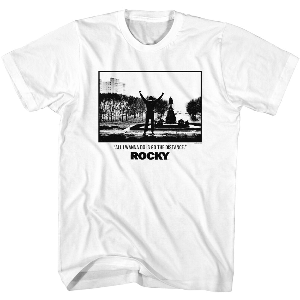 White Rocky t-shirt featuring a Rocky Rocky Go the Distance design