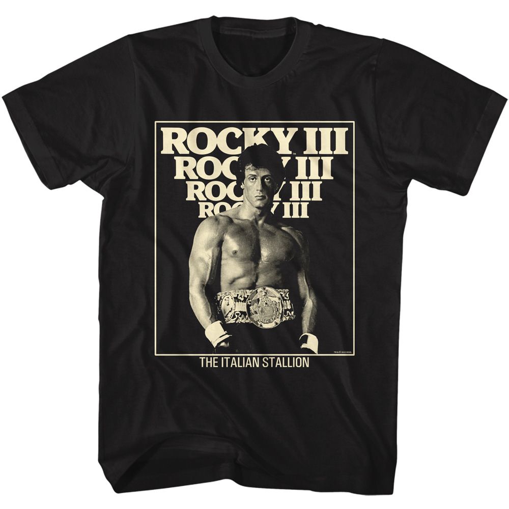 Black Rocky t-shirt featuring a Rocky Rocky 3 Italian Stallion design