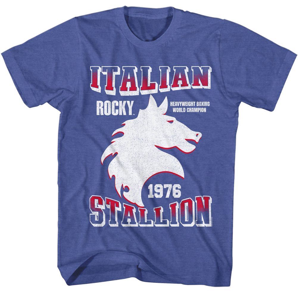 Royal Heather Rocky t-shirt featuring a Rocky Rocky Stallion design