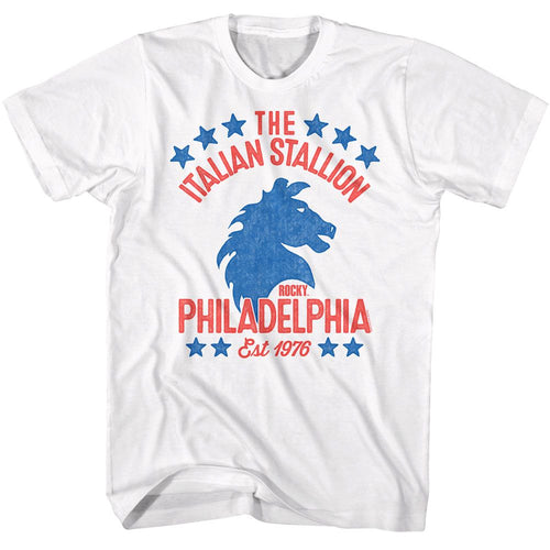 White Rocky t-shirt featuring a Rocky Rocky Americana design