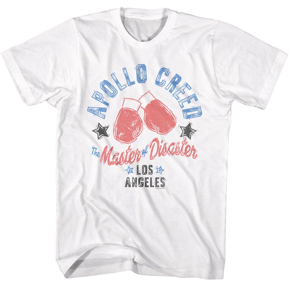White Rocky t-shirt featuring a Rocky Rocky Master of Disaster design