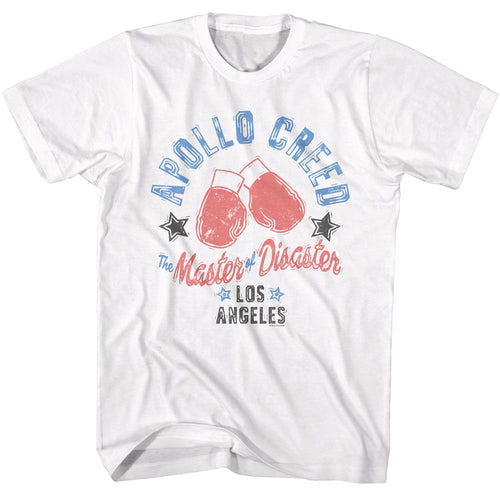 White Rocky t-shirt featuring a Rocky Rocky Master of Disaster design