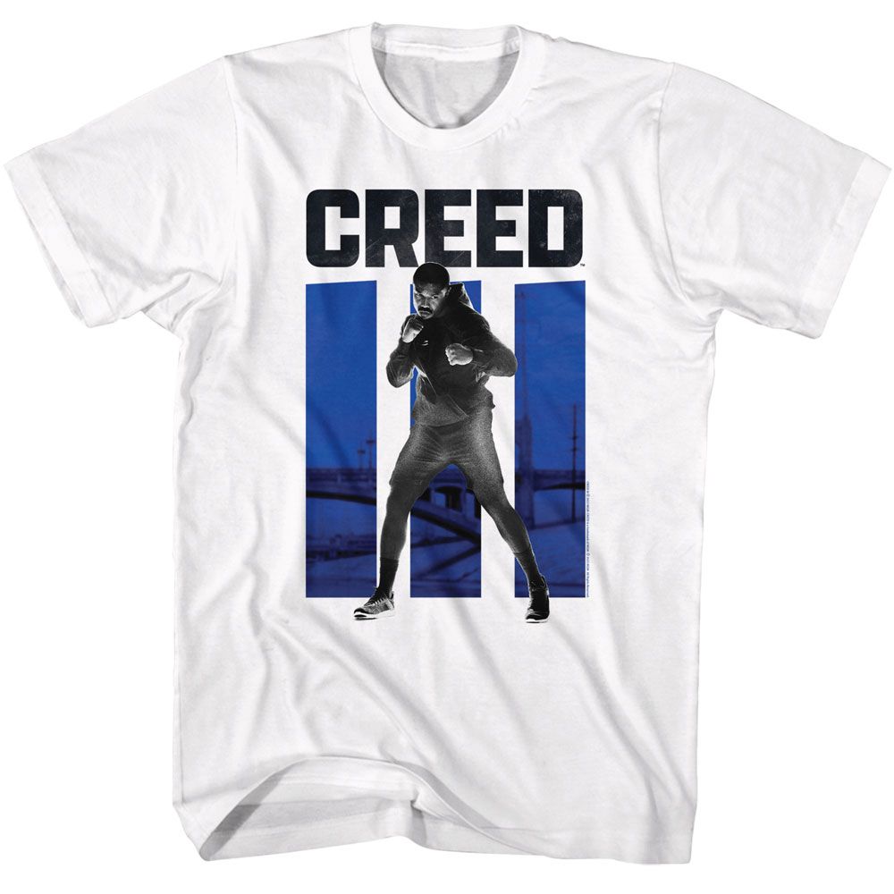White Rocky t-shirt featuring a Rocky Rocky Creed 3 Blue Bars design