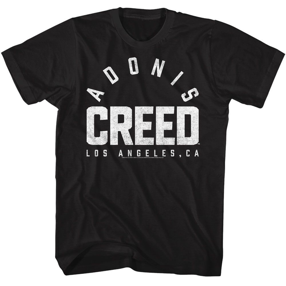 Black Rocky t-shirt featuring a Rocky Rocky Arched Adonis Logo design