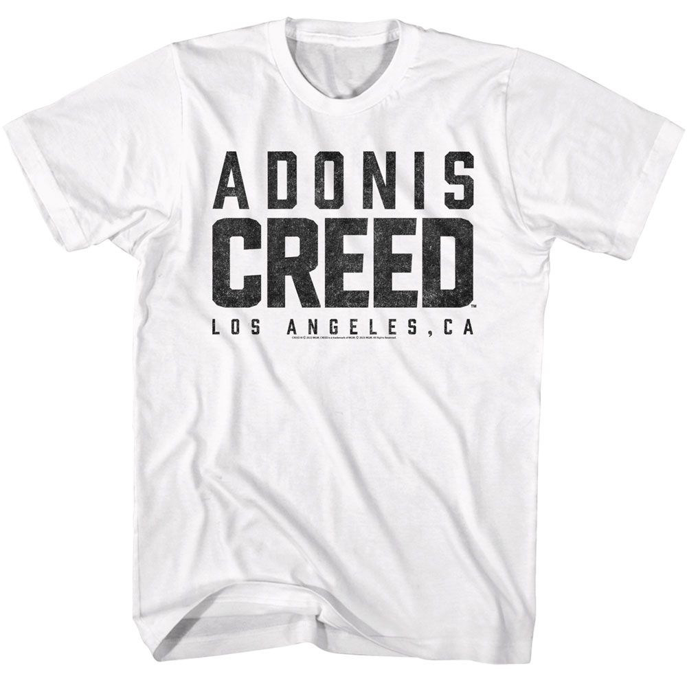 White Rocky t-shirt featuring a Rocky Rocky Adonis Creed Logo design