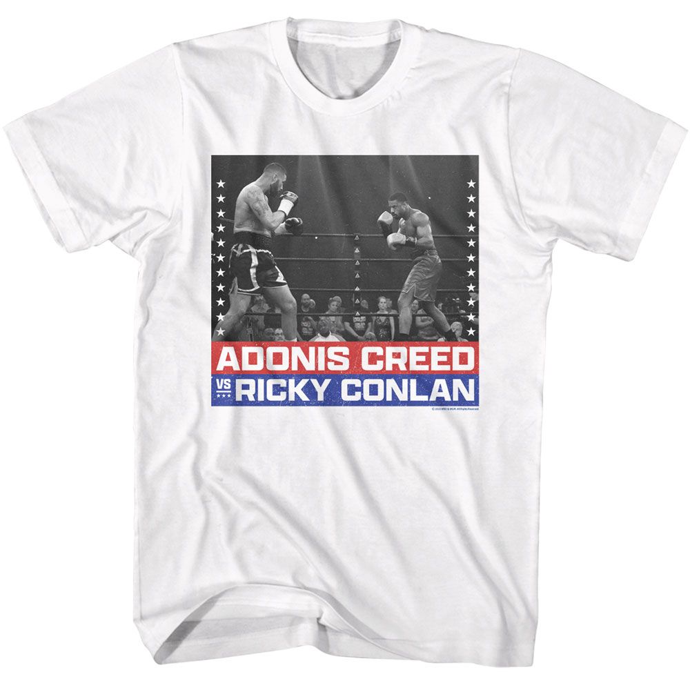 White Rocky t-shirt featuring a Rocky Rocky Creed vs Conlan design
