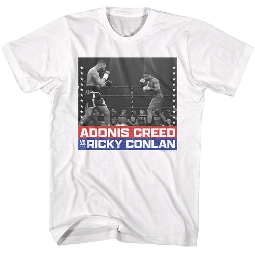 White Rocky t-shirt featuring a Rocky Rocky Creed vs Conlan design