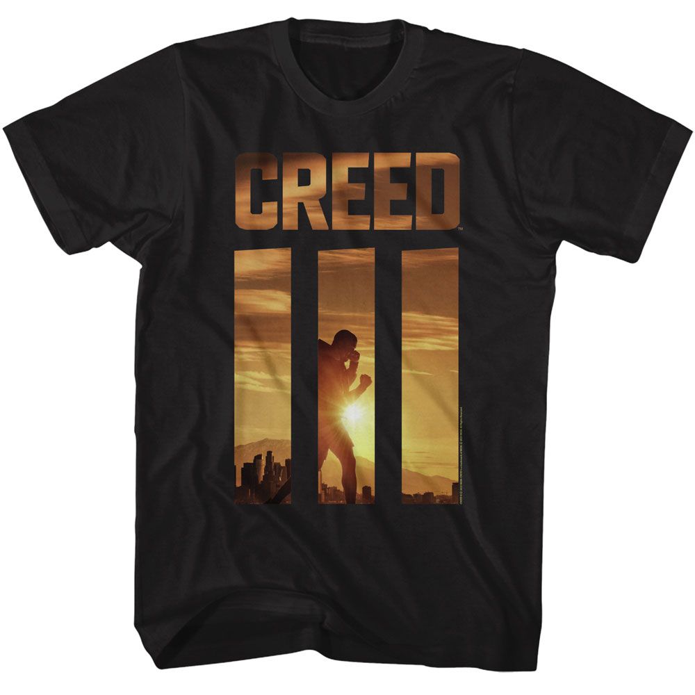 Black Rocky t-shirt featuring a Rocky Rocky Creed 3 Sunrise design