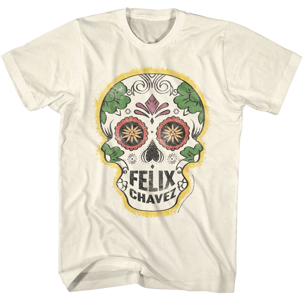 Natural Rocky t-shirt featuring a Rocky Rocky Felix Chavez Skull design