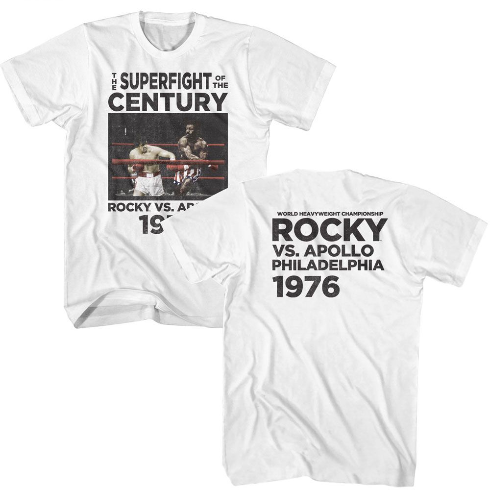 White Rocky t-shirt featuring a Superfight of the Century 1976 design