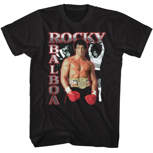 Black Rocky t-shirt featuring a Rocky Rocky Three Photos Collage design