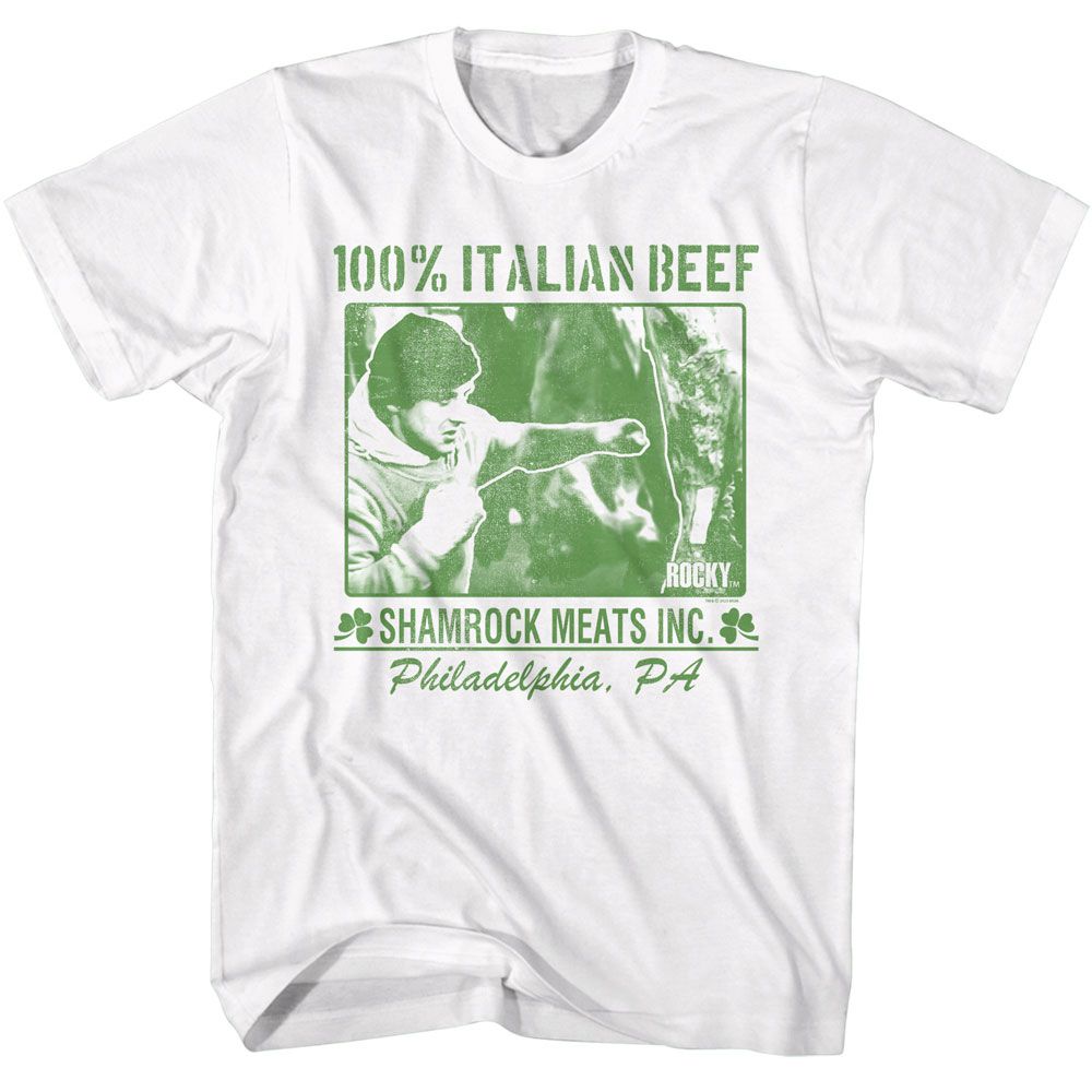 White Rocky t-shirt featuring a Rocky Rocky Italian Beef design