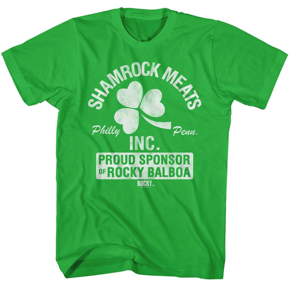 Kelly Green Rocky t-shirt featuring a Rocky Rocky Shamrock Meats Philly design
