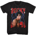 Black Rocky t-shirt featuring a Rocky Rocky Lightning Flames design