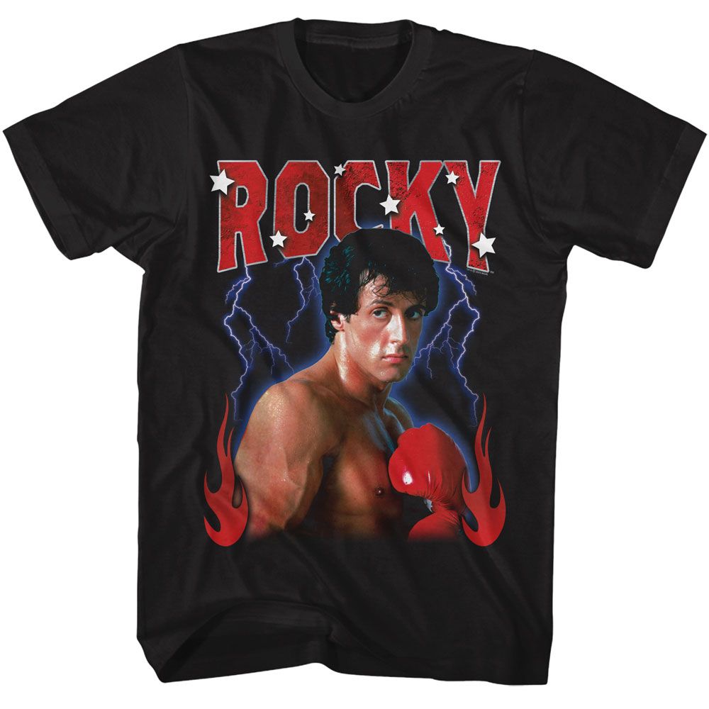 Black Rocky t-shirt featuring a Rocky Rocky Lightning Flames design
