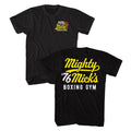 Black Rocky t-shirt featuring a Rocky Rocky Mighty Micks Gym Front and Back design