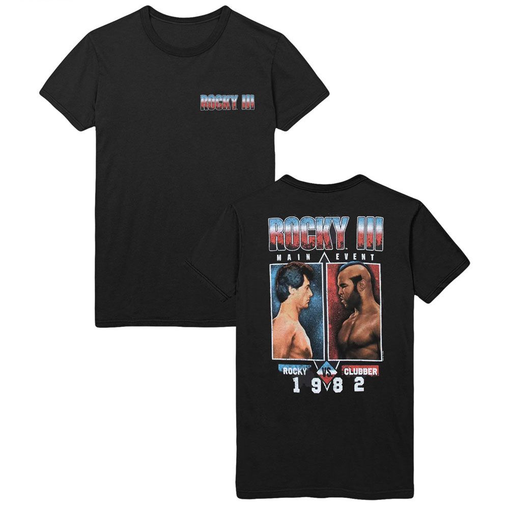 Black Rocky t-shirt featuring a Rocky Rocky vs Clubber Front and Back design