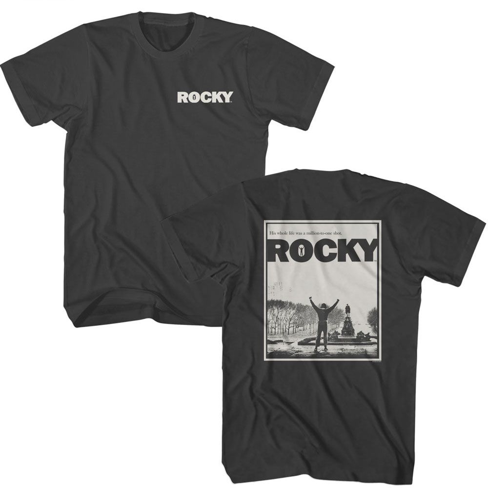 Smoke Gray Rocky t-shirt featuring a Rocky Rocky Million to One Front and Back design