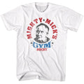 White Rocky t-shirt featuring a Rocky Rocky Micks Gym Rwb design