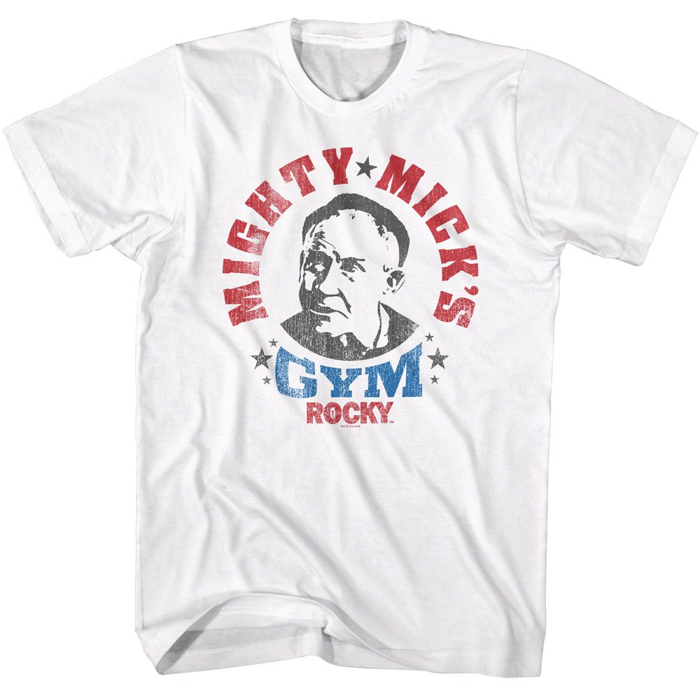 White Rocky t-shirt featuring a Rocky Rocky Micks Gym Rwb design