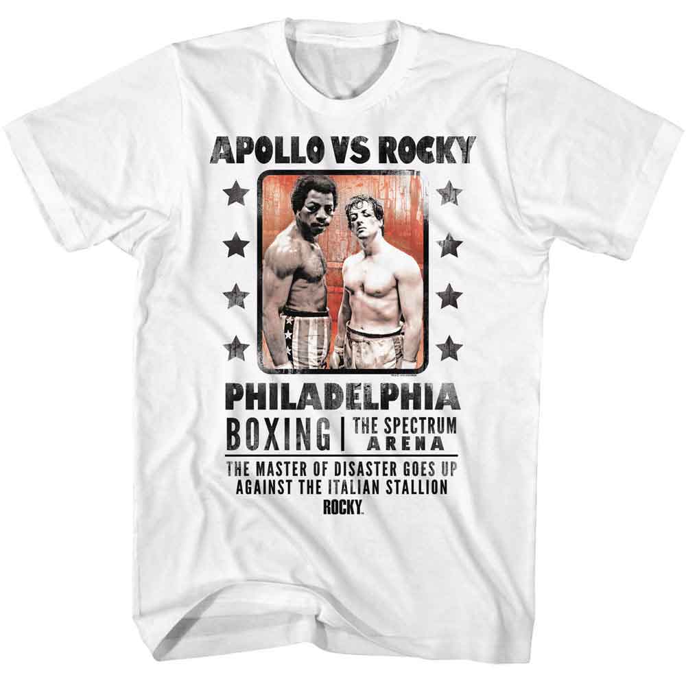 White Rocky t-shirt featuring a Rocky Rocky vs Apollo design
