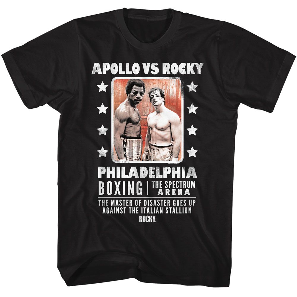 Black Rocky t-shirt featuring a Rocky Rocky vs Apollo design