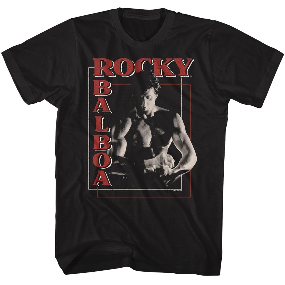 Black Rocky t-shirt featuring a Rocky Rocky Balboa Boxes design