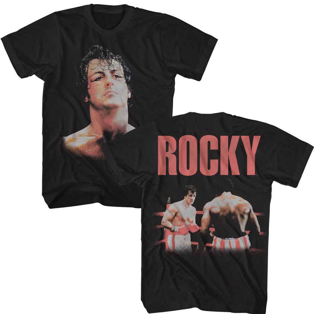 Black Rocky t-shirt featuring a Rocky Rocky Head F B design
