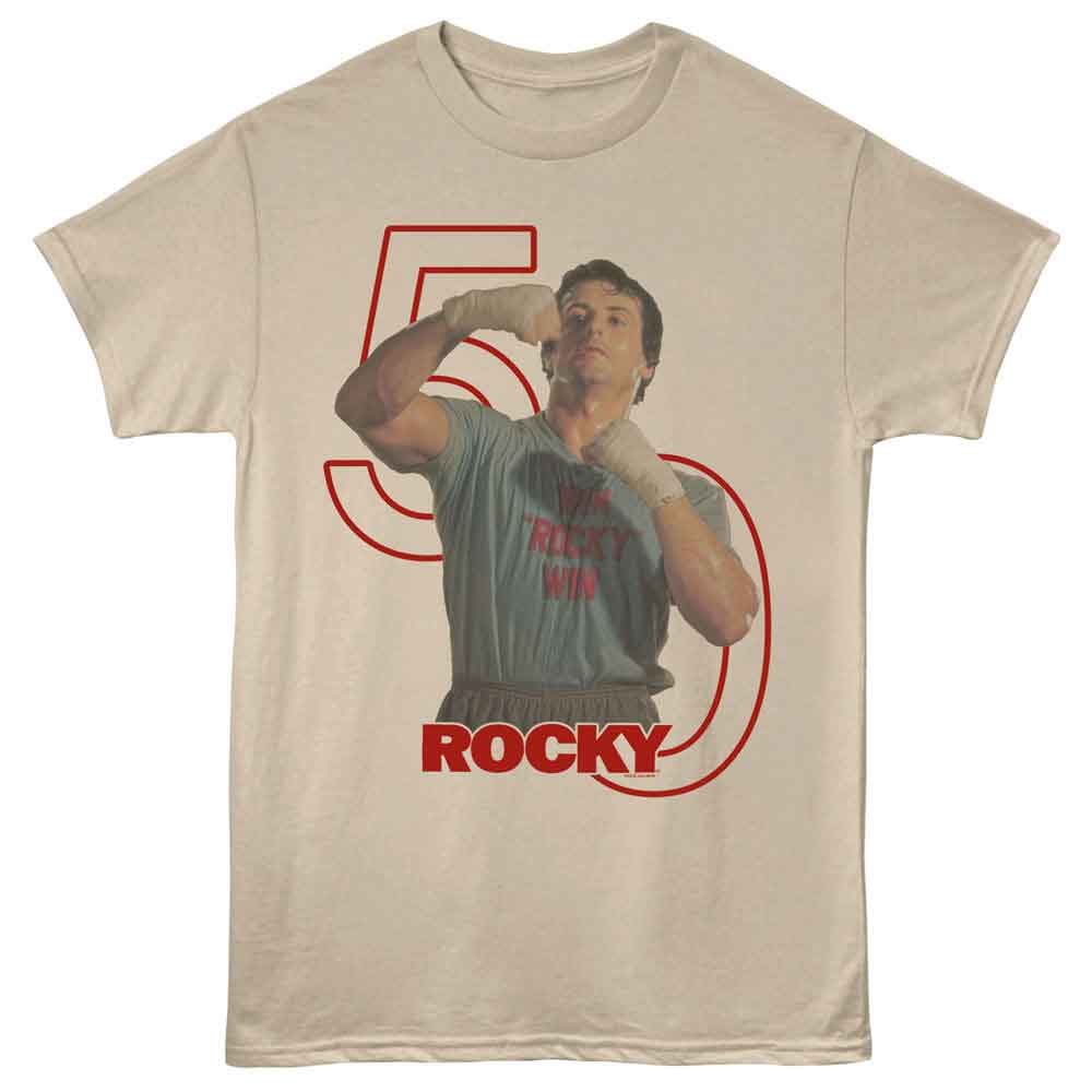 Sand Rocky t-shirt featuring a Rocky Rocky 50 design