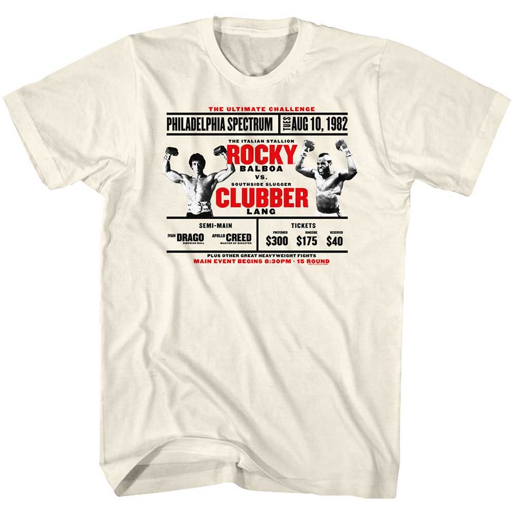 Natural Rocky t-shirt featuring a Rocky Rocky vs. Clubber design