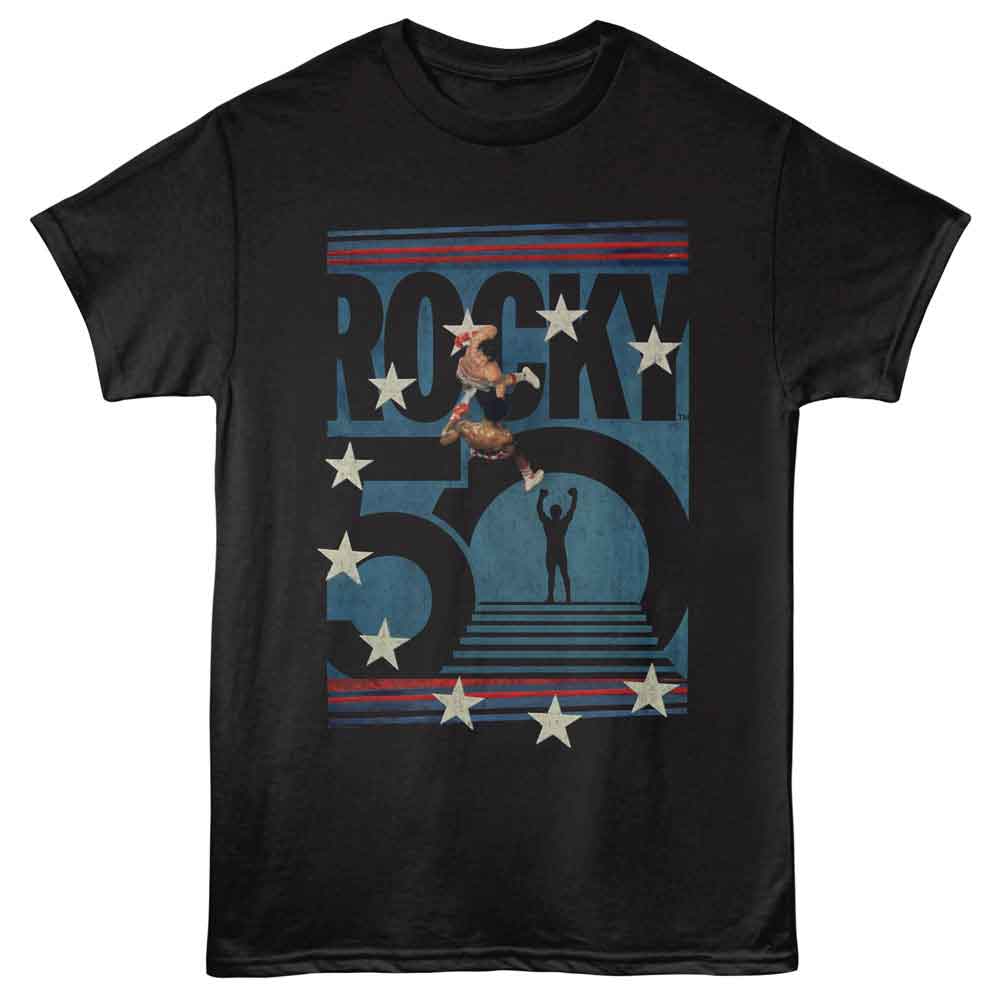 Black Rocky t-shirt featuring a Rocky Rocky 50Th Boxing Ring design