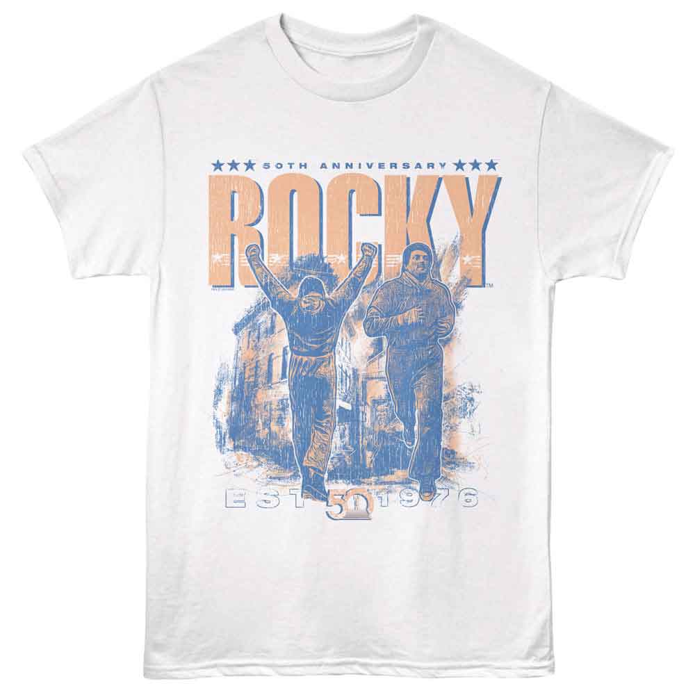 White Rocky t-shirt featuring a Rocky Rocky 50Th Anniversary design