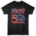 Black Rocky t-shirt featuring a Rocky Rocky 50Th Staircase design