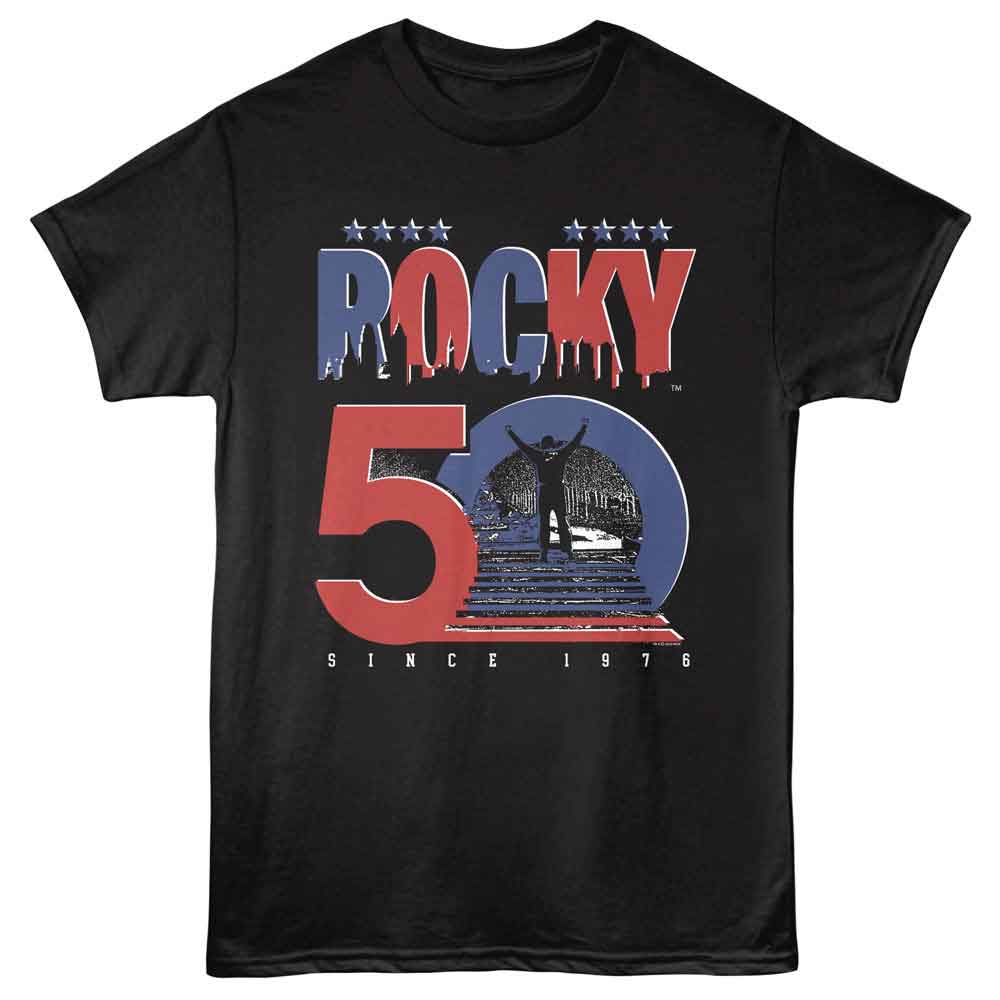 Black Rocky t-shirt featuring a Rocky Rocky 50Th Staircase design