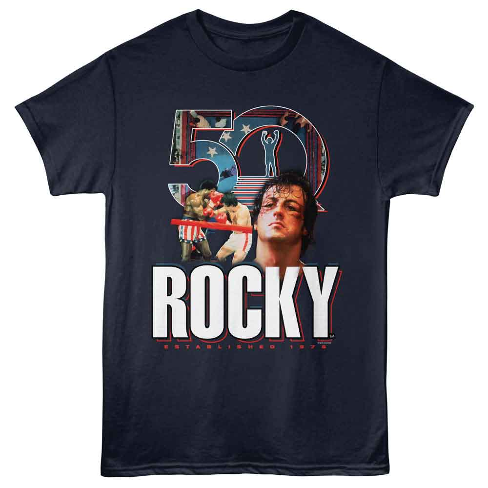 Navy Rocky t-shirt featuring a Rocky Rocky 50 Image Inlay design