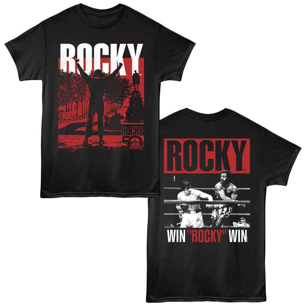 Black Rocky t-shirt featuring a Rocky Rocky Wrw 50Th design