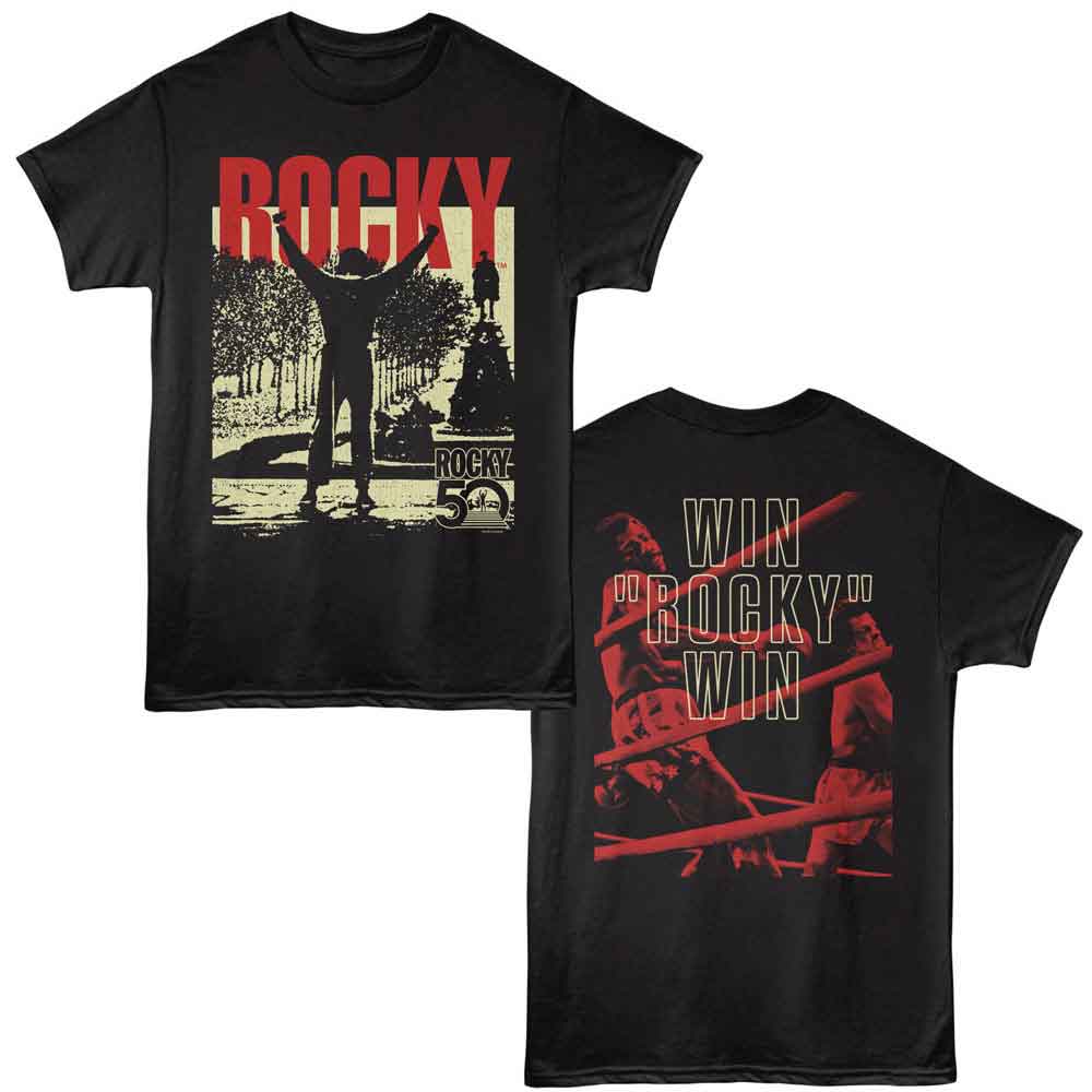 Black Rocky t-shirt featuring a Rocky Rocky Wrw 50Th design