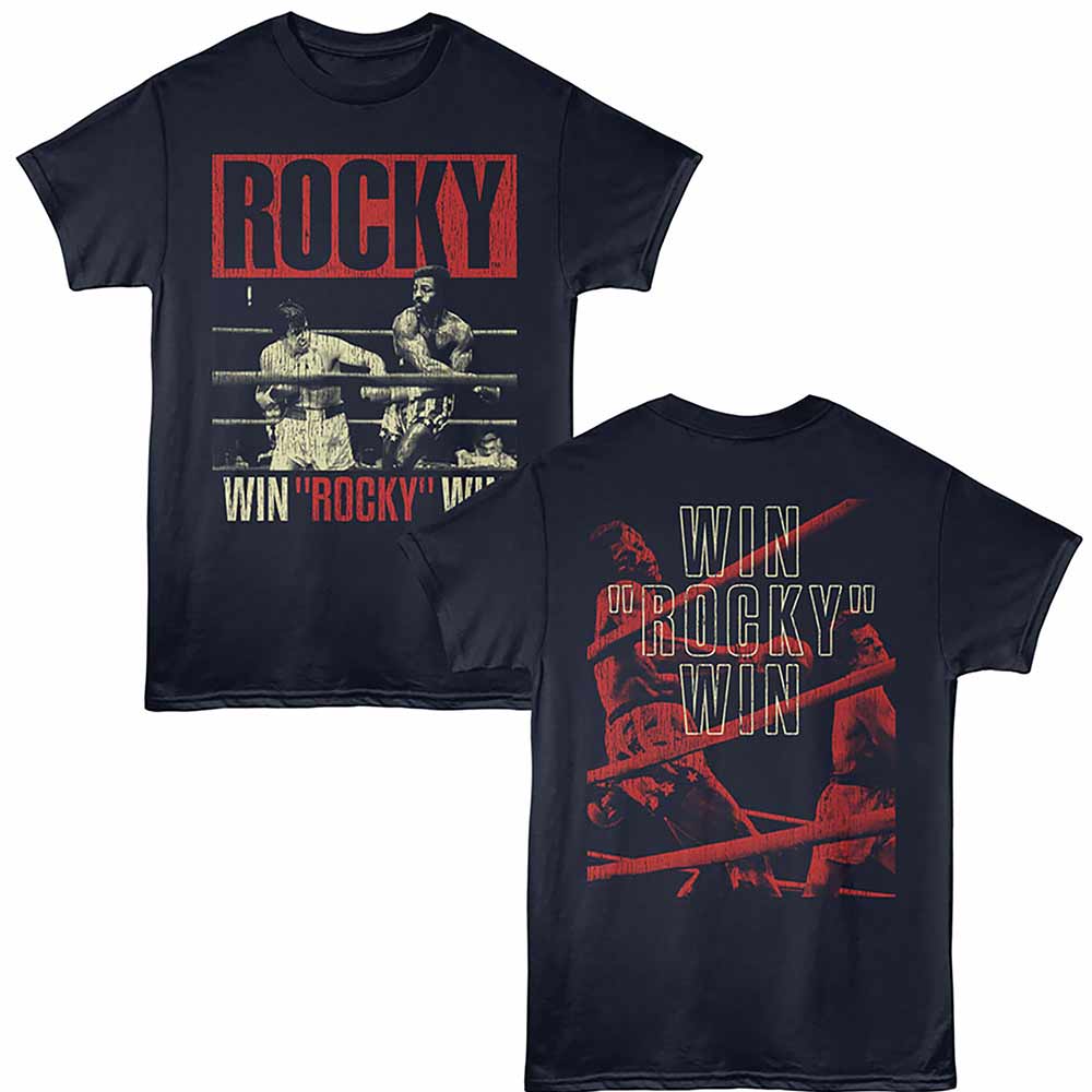 Navy Rocky t-shirt featuring a Win design