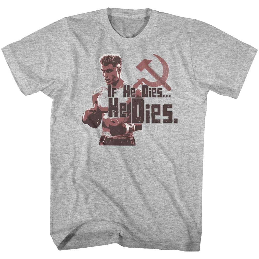 Gray Heather Rocky t-shirt featuring a Rocky He Dies design