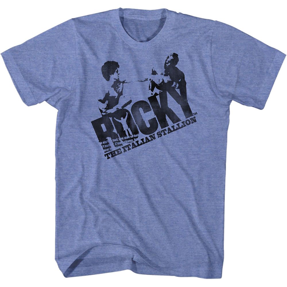 Light Blue Heather Rocky t-shirt featuring a Rocky Halftone Logo design